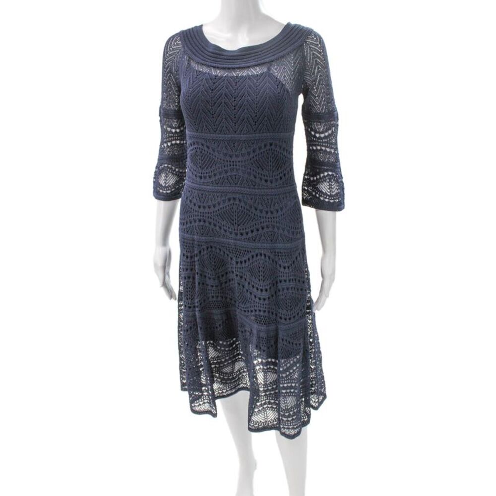 D. Exterior Womens Fit & Flare Dress Blue Cotton Boat Neck 3/4 Sleeve Size S